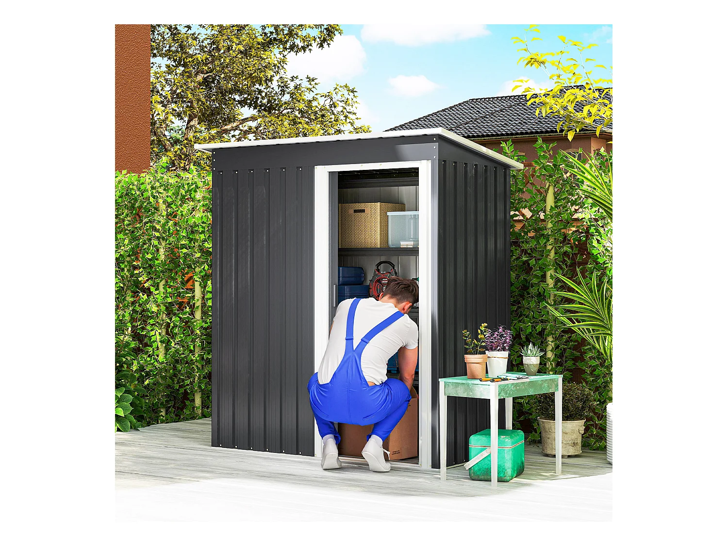 Casetta porta attrezzi con porta scorrevole in acciaio nero