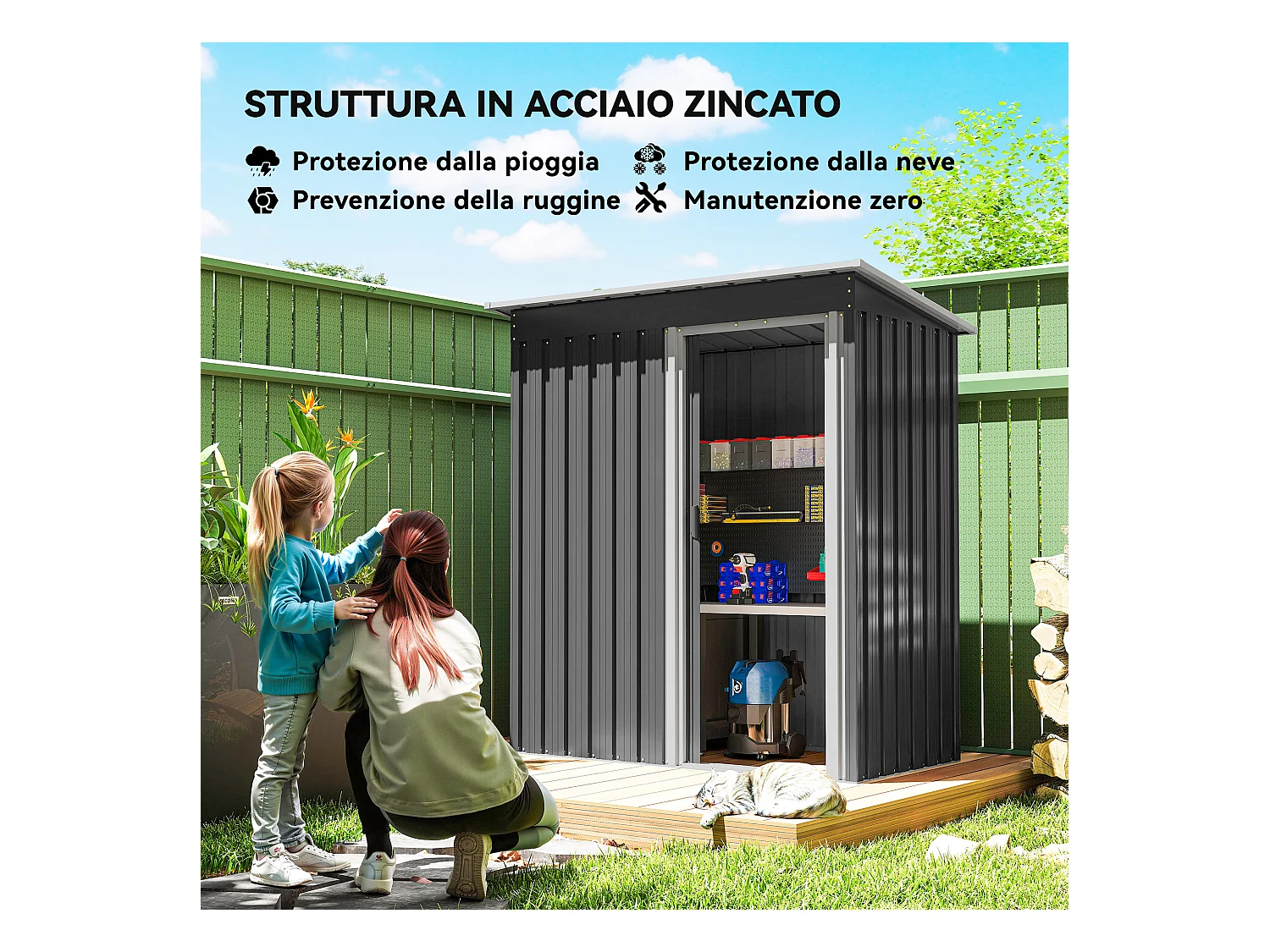 Casetta porta attrezzi con porta scorrevole in acciaio nero