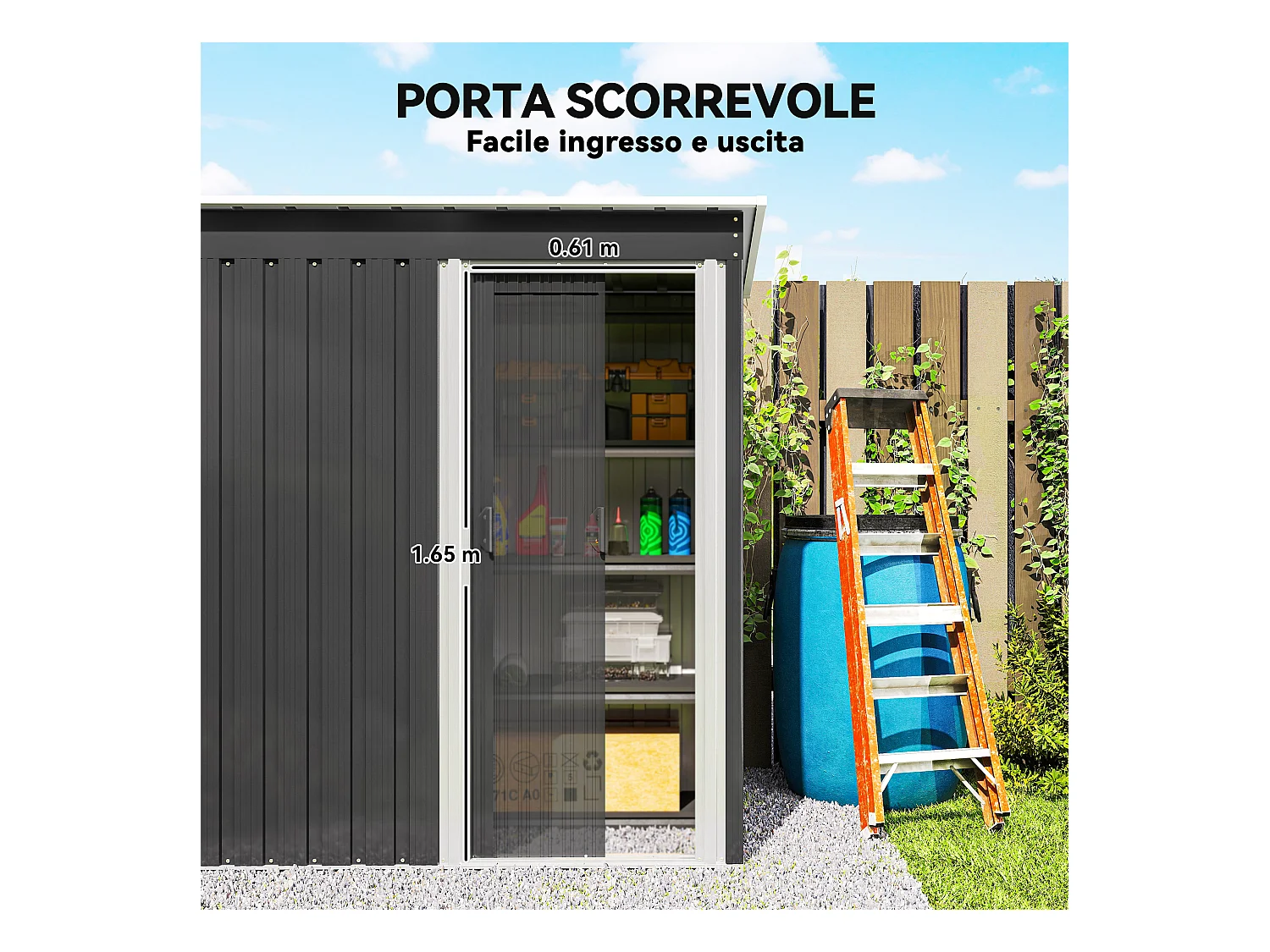 Casetta porta attrezzi con porta scorrevole in acciaio nero