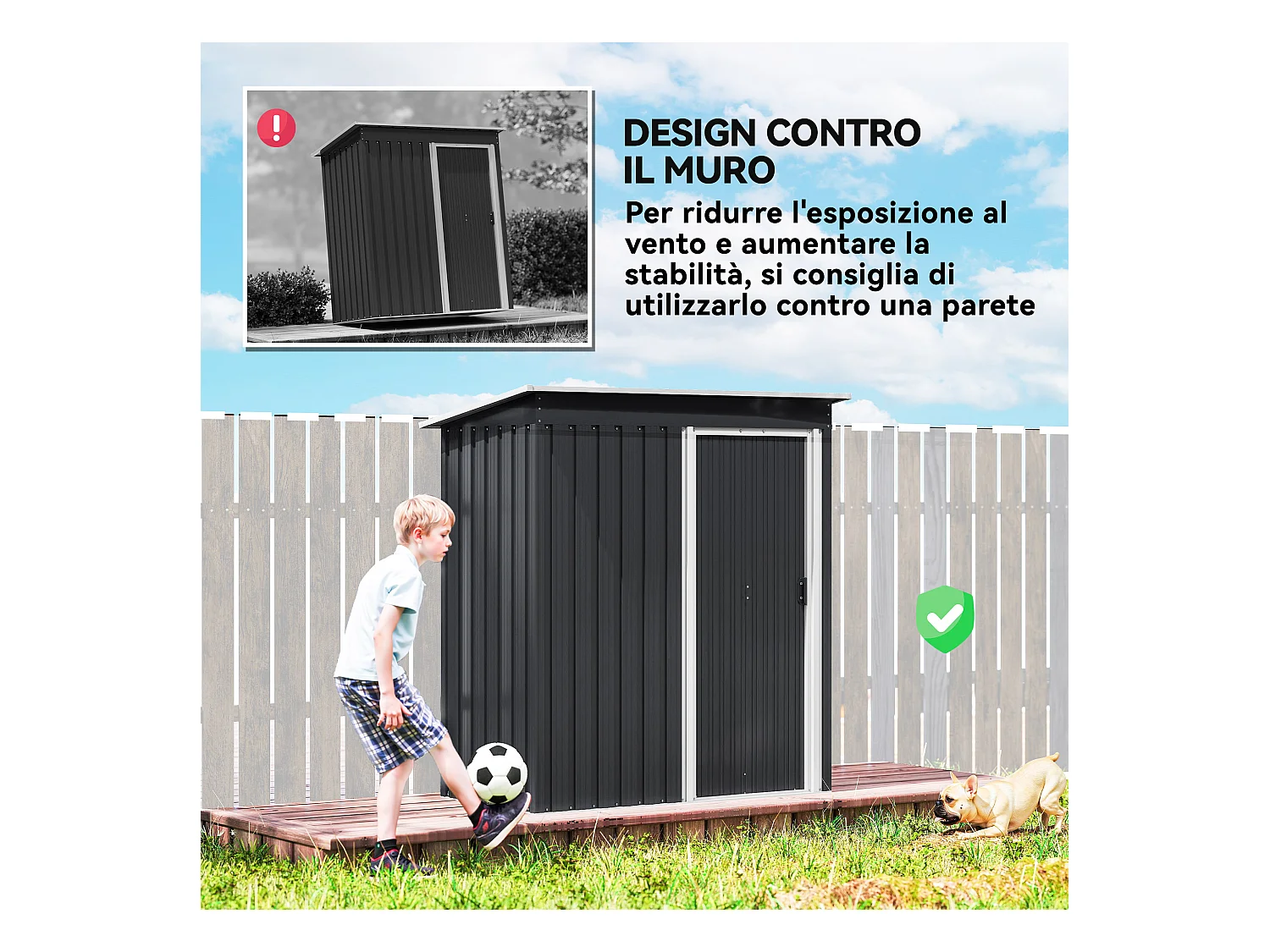 Casetta porta attrezzi con porta scorrevole in acciaio nero