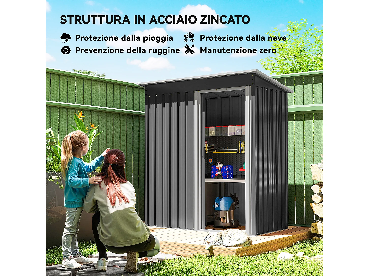 Casetta porta attrezzi con porta scorrevole in acciaio nero