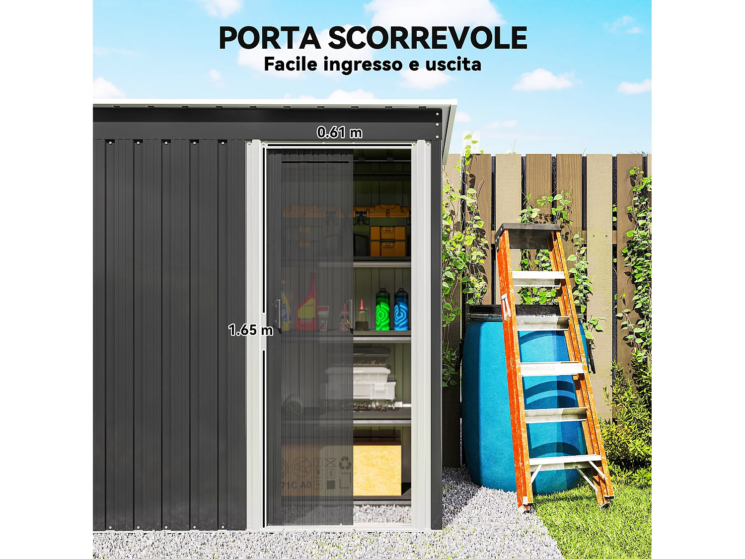 Casetta porta attrezzi con porta scorrevole in acciaio nero