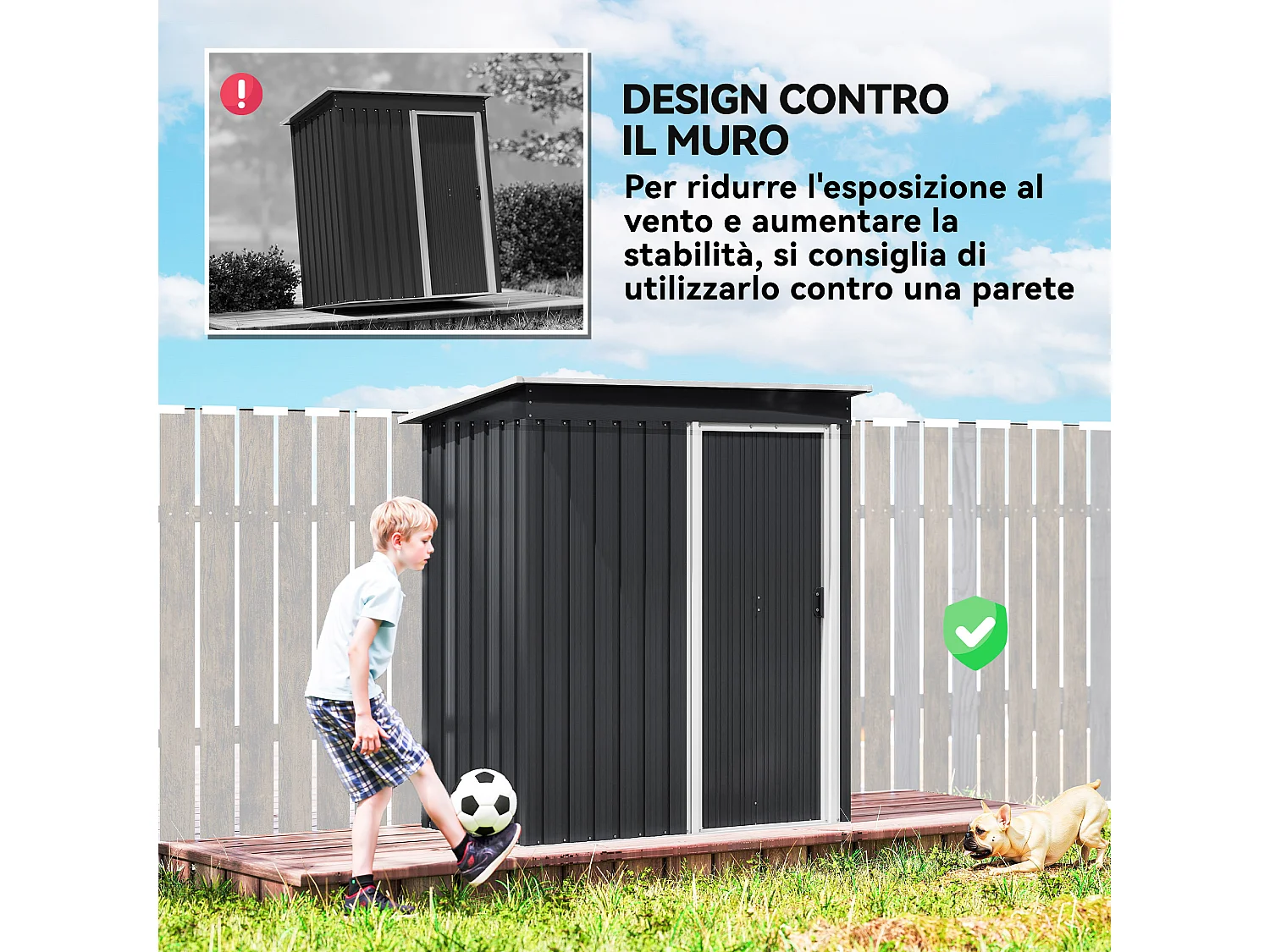 Casetta porta attrezzi con porta scorrevole in acciaio nero