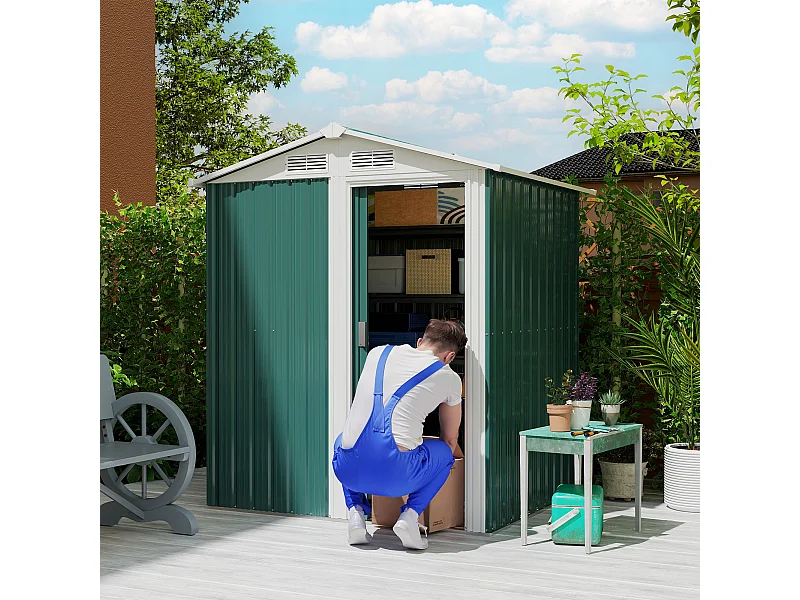 Casetta da giardino con tetto inclinato e prese d'aria acciaio verde
