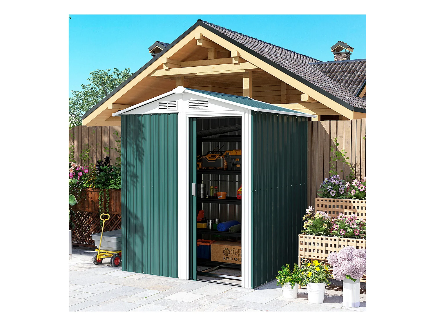 Casetta da giardino con tetto inclinato e prese d'aria acciaio verde