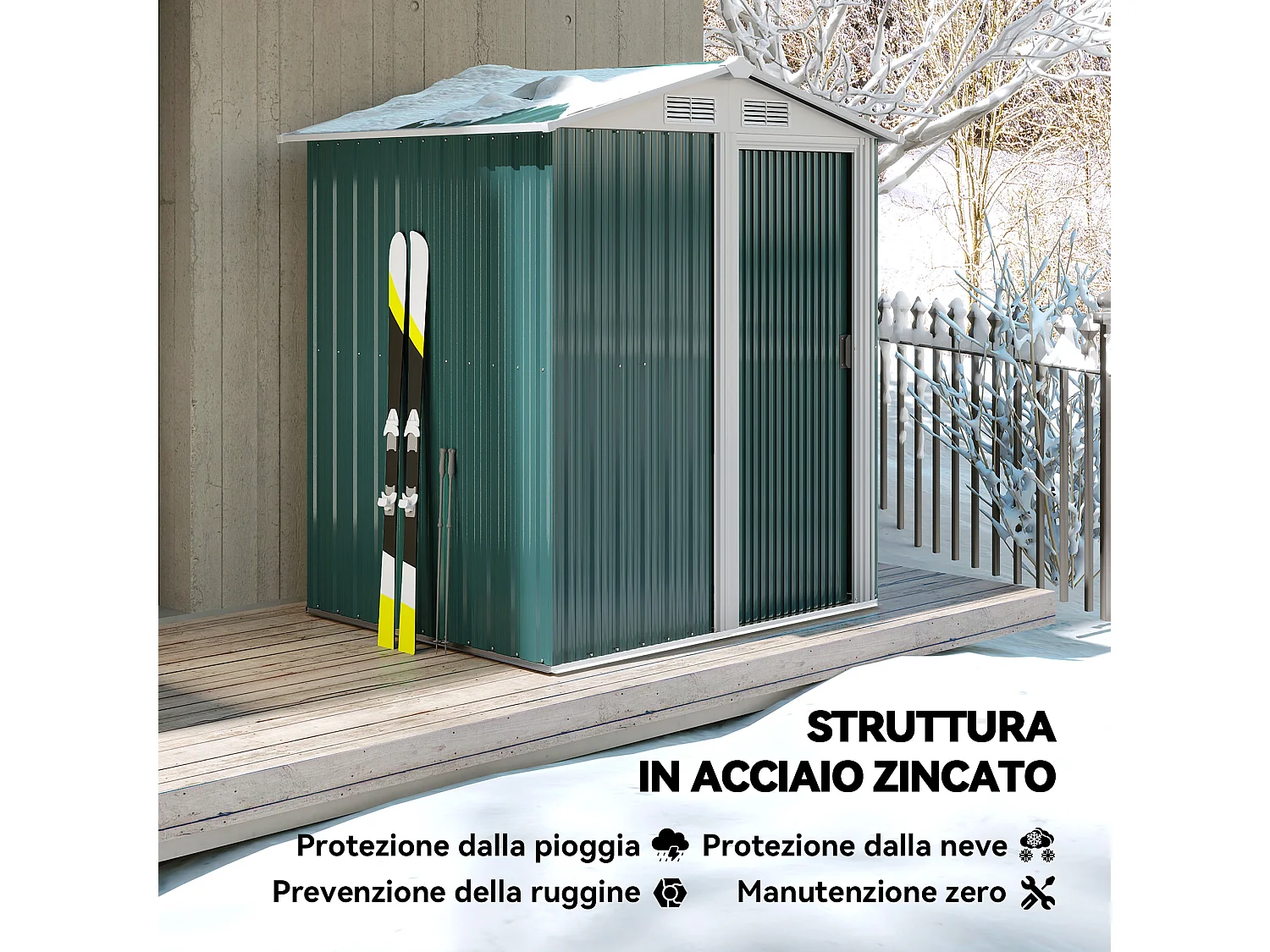 Casetta da giardino con tetto inclinato e prese d'aria acciaio verde