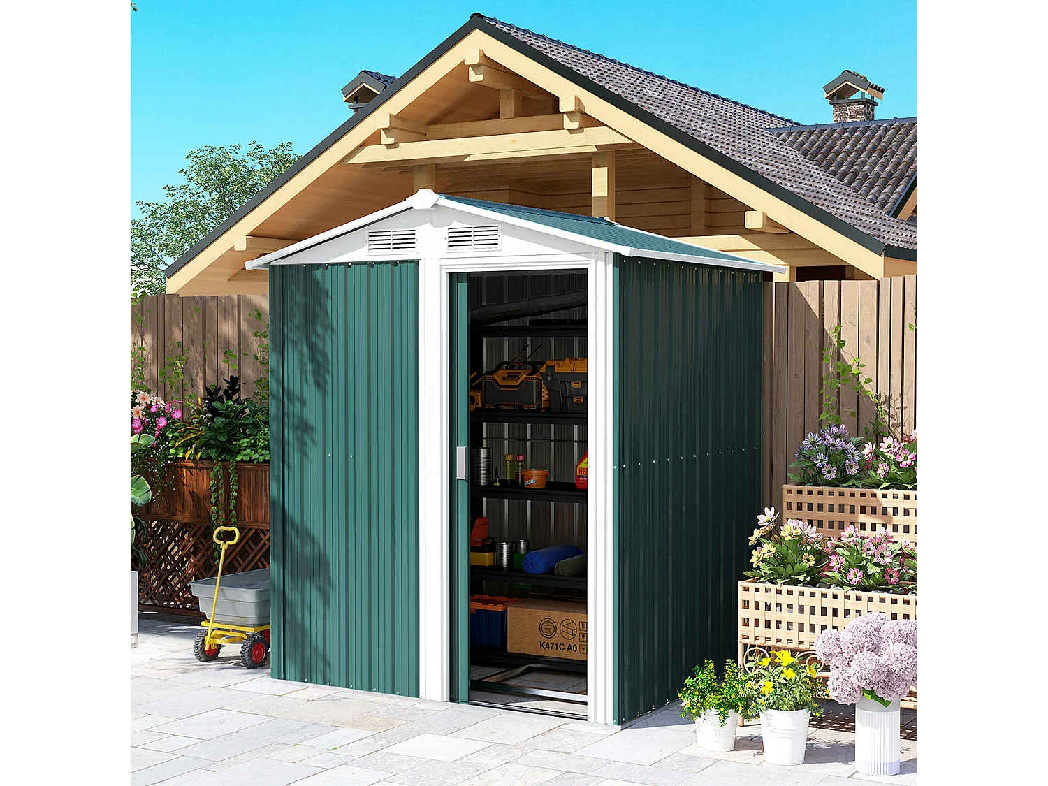 Casetta da giardino con tetto inclinato e prese d'aria acciaio verde