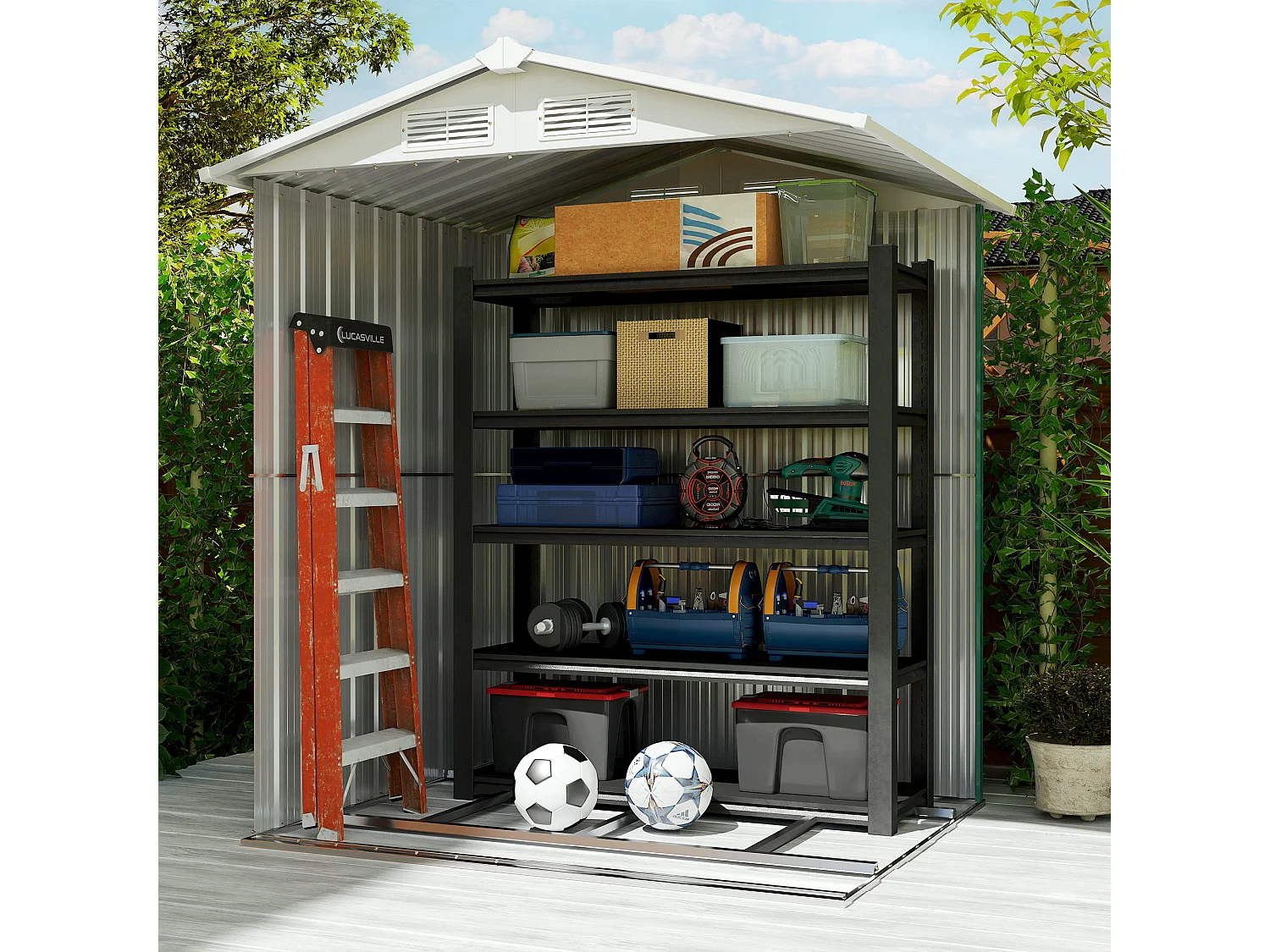 Casetta da giardino con tetto inclinato e prese d'aria acciaio verde