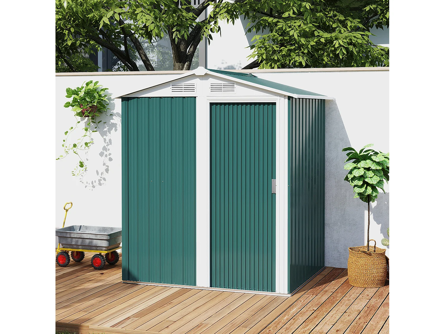 Casetta da giardino con tetto inclinato e prese d'aria acciaio verde
