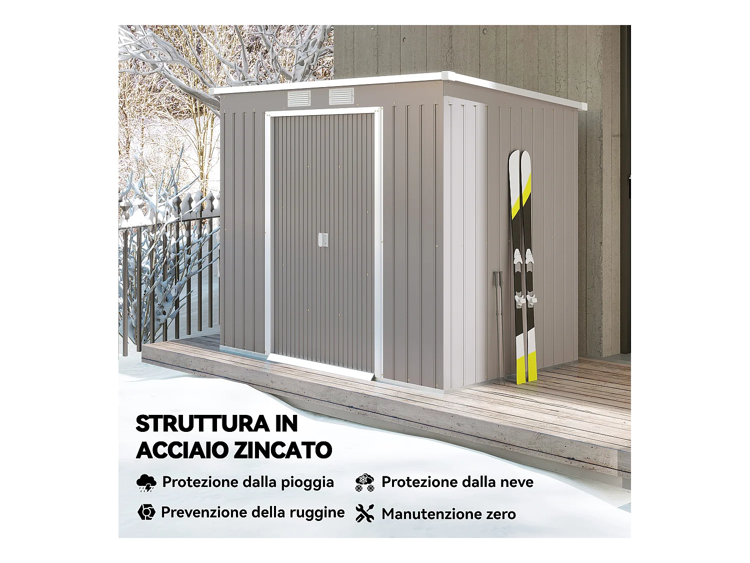Capanno attrezzi in acciaio con tetto inclinato grigio