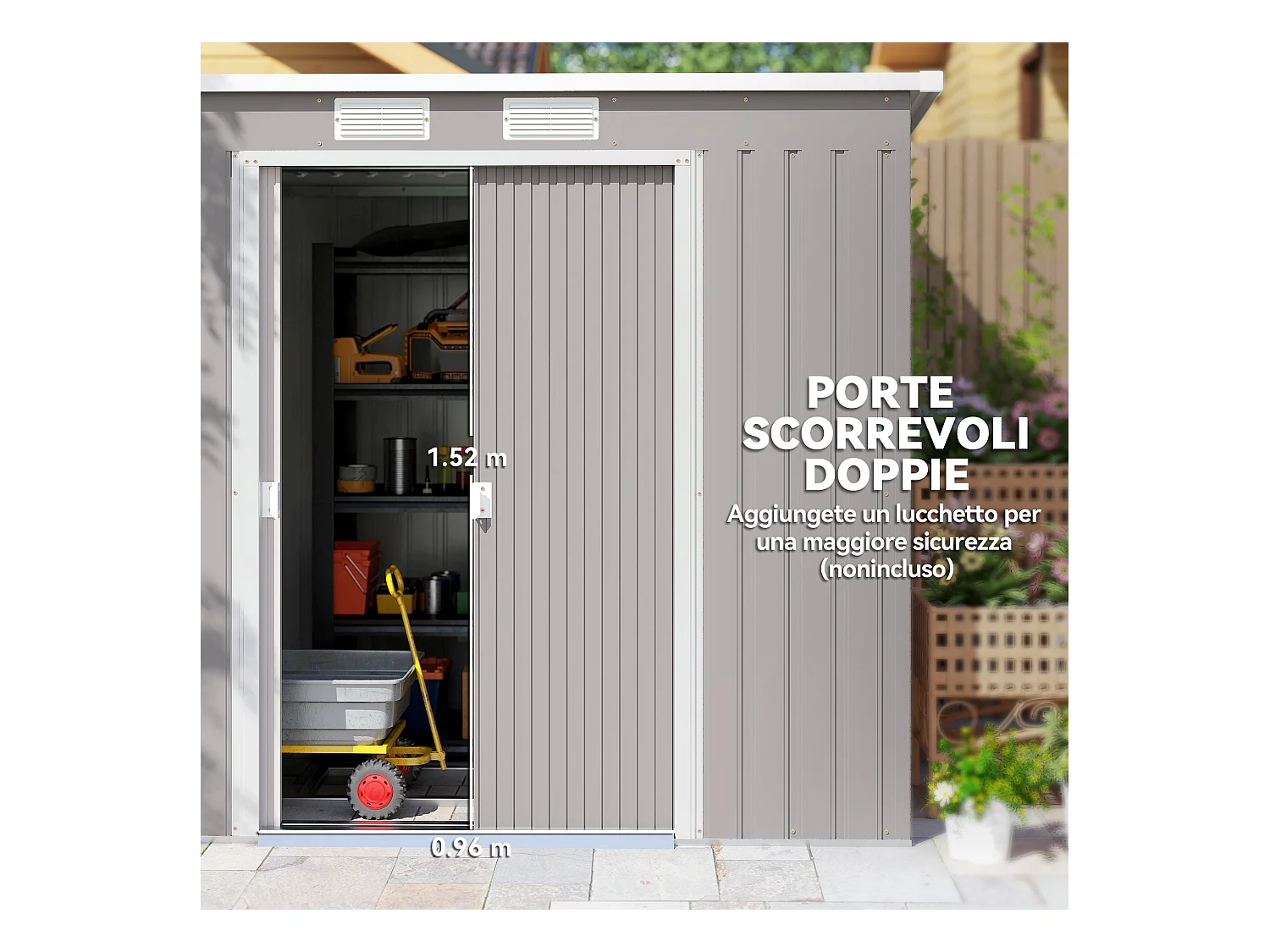 Capanno attrezzi in acciaio con tetto inclinato grigio