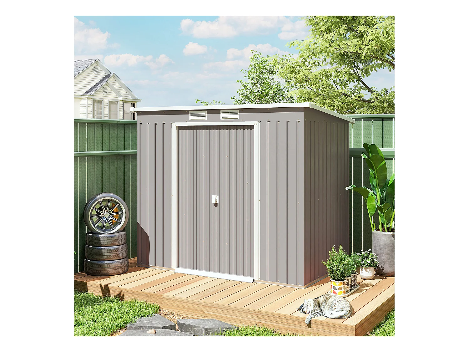 Capanno attrezzi in acciaio con tetto inclinato grigio