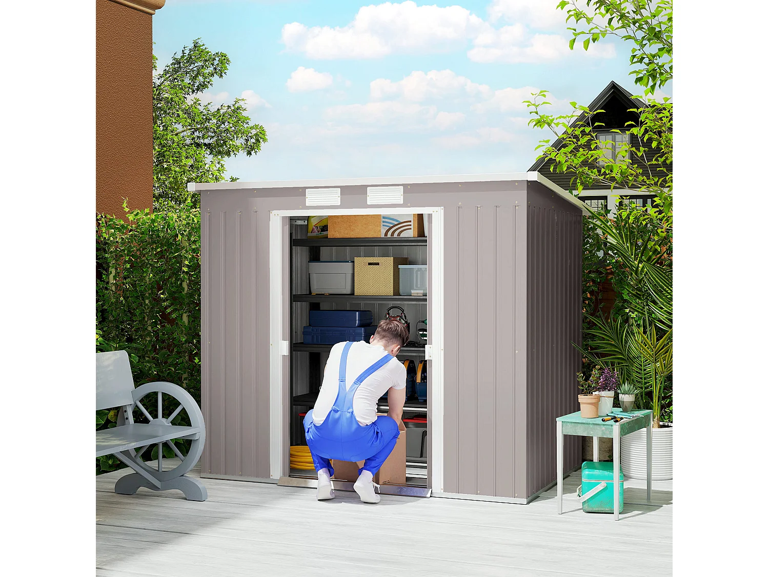 Capanno attrezzi in acciaio con tetto inclinato grigio