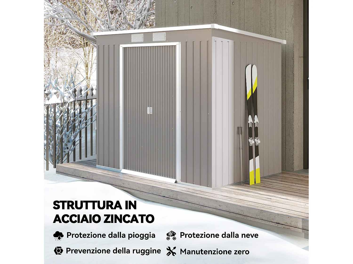 Capanno attrezzi in acciaio con tetto inclinato grigio