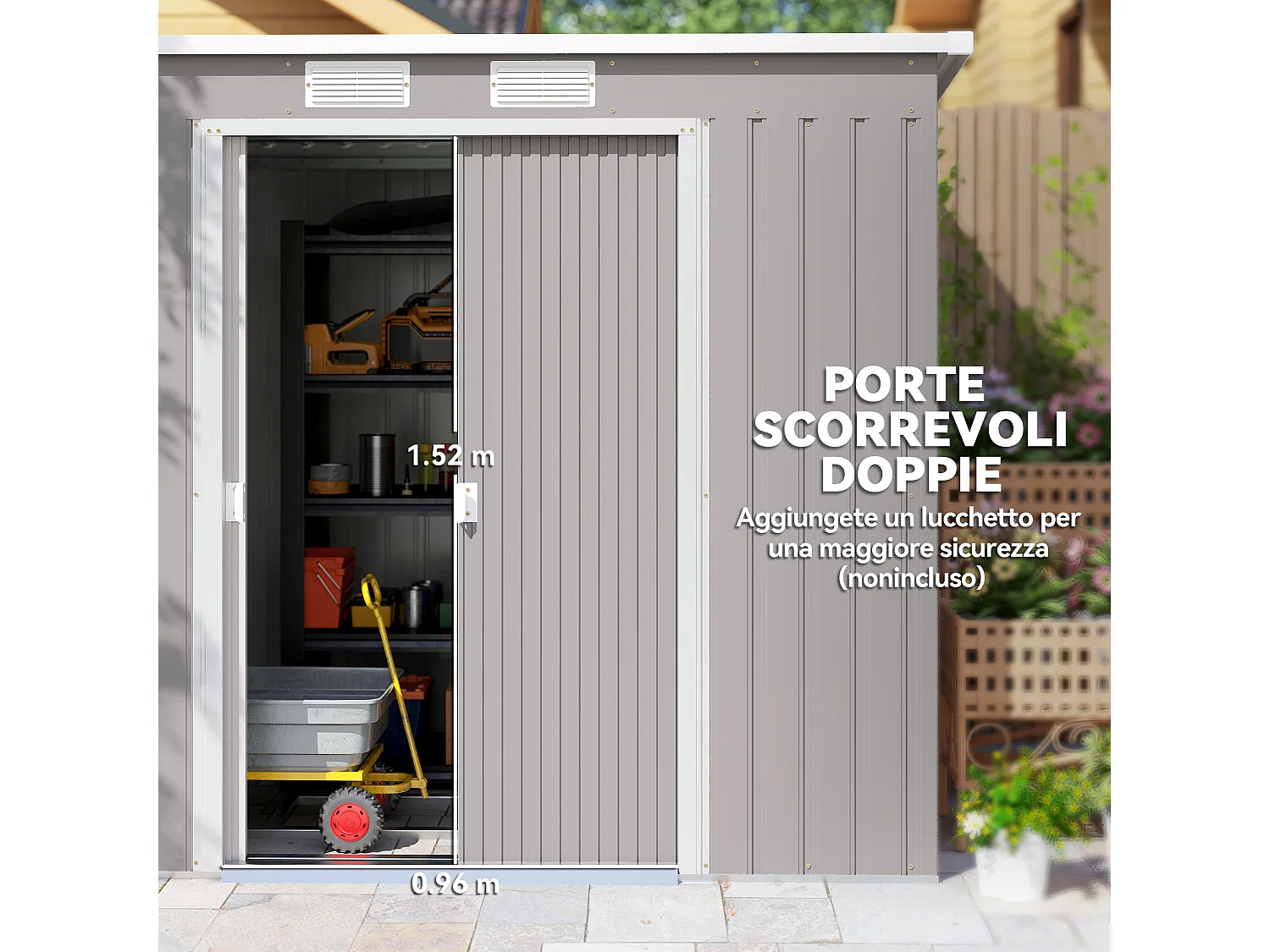 Capanno attrezzi in acciaio con tetto inclinato grigio