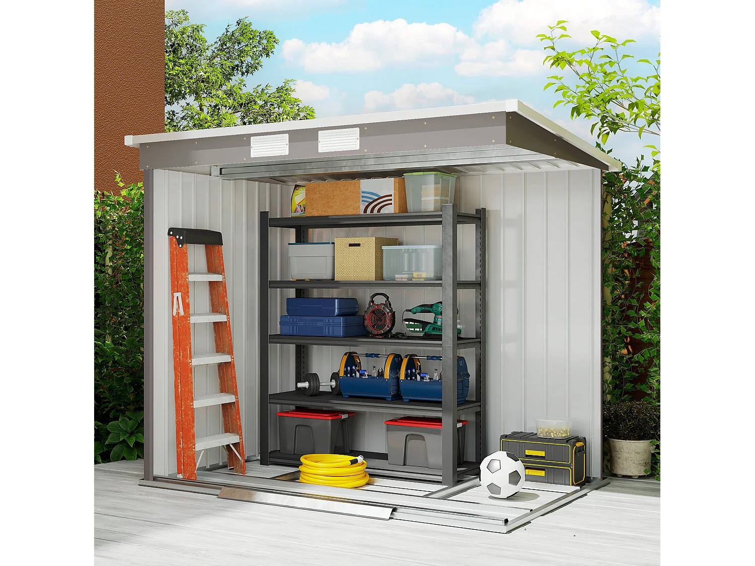 Capanno attrezzi in acciaio con tetto inclinato grigio