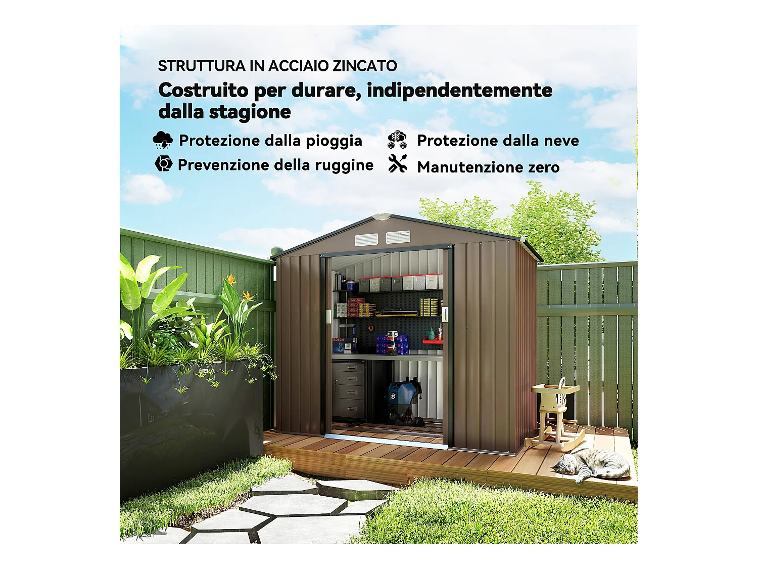 Casetta da giardino con porta scorrevole doppia in metallo marrone