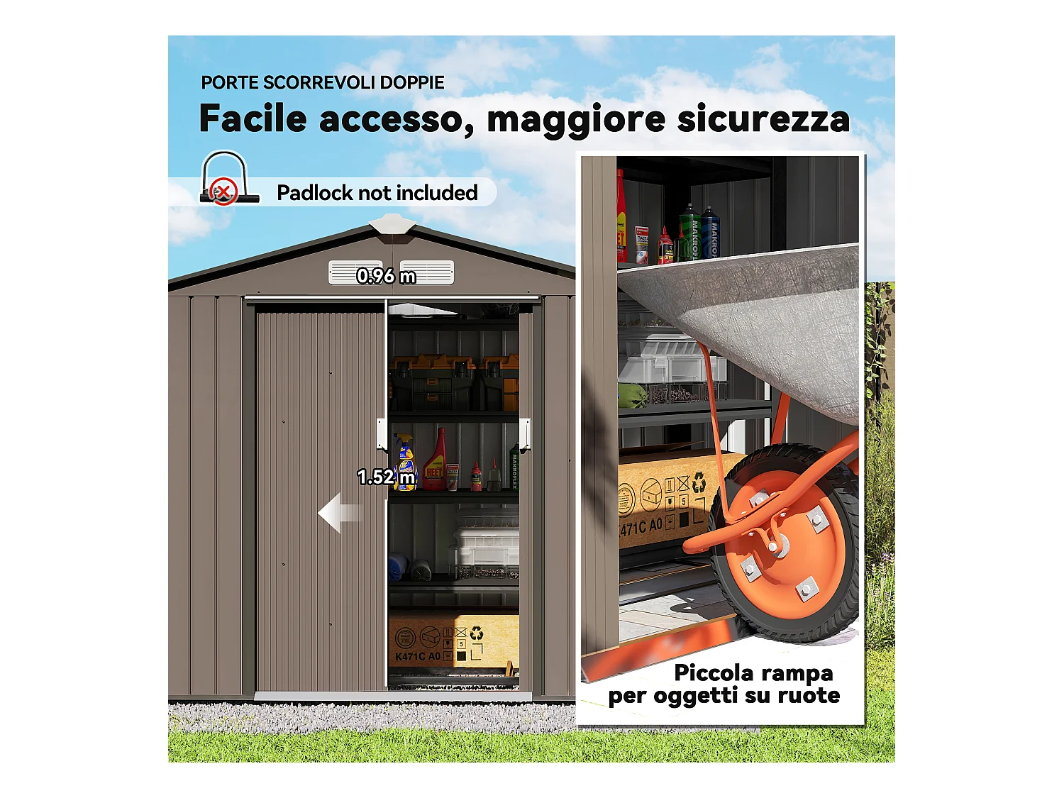 Casetta da giardino con porta scorrevole doppia in metallo marrone