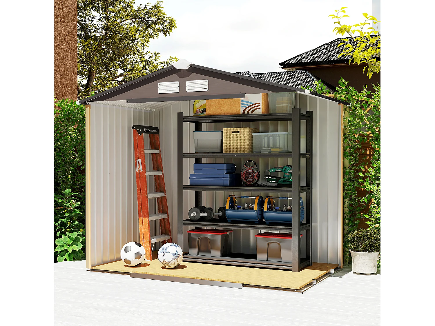 Casetta da giardino con porta scorrevole doppia in metallo marrone