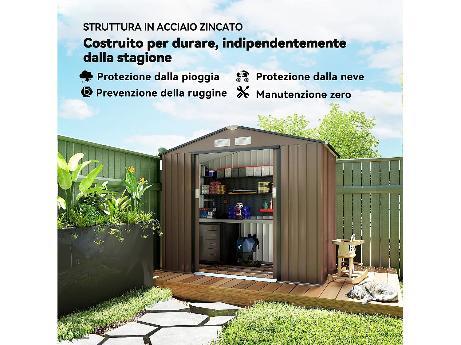 Casetta da giardino con porta scorrevole doppia in metallo marrone