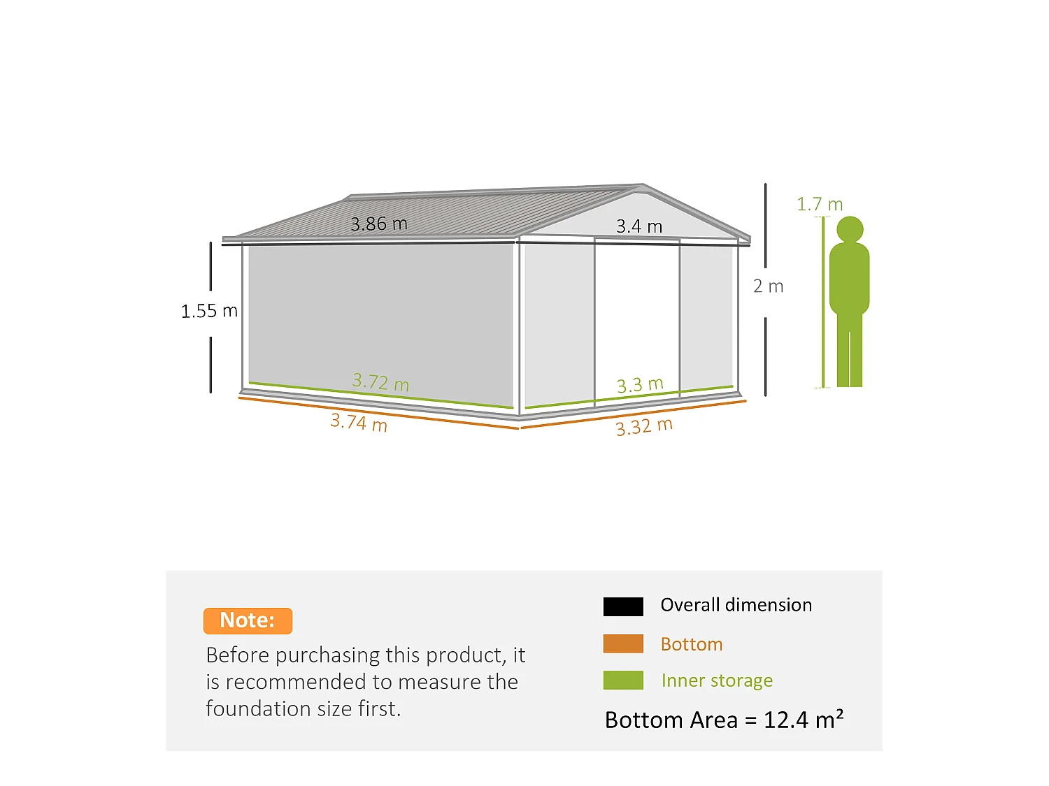 Casetta da giardino 340x386x200cm 2 porte 4 prese d'aria