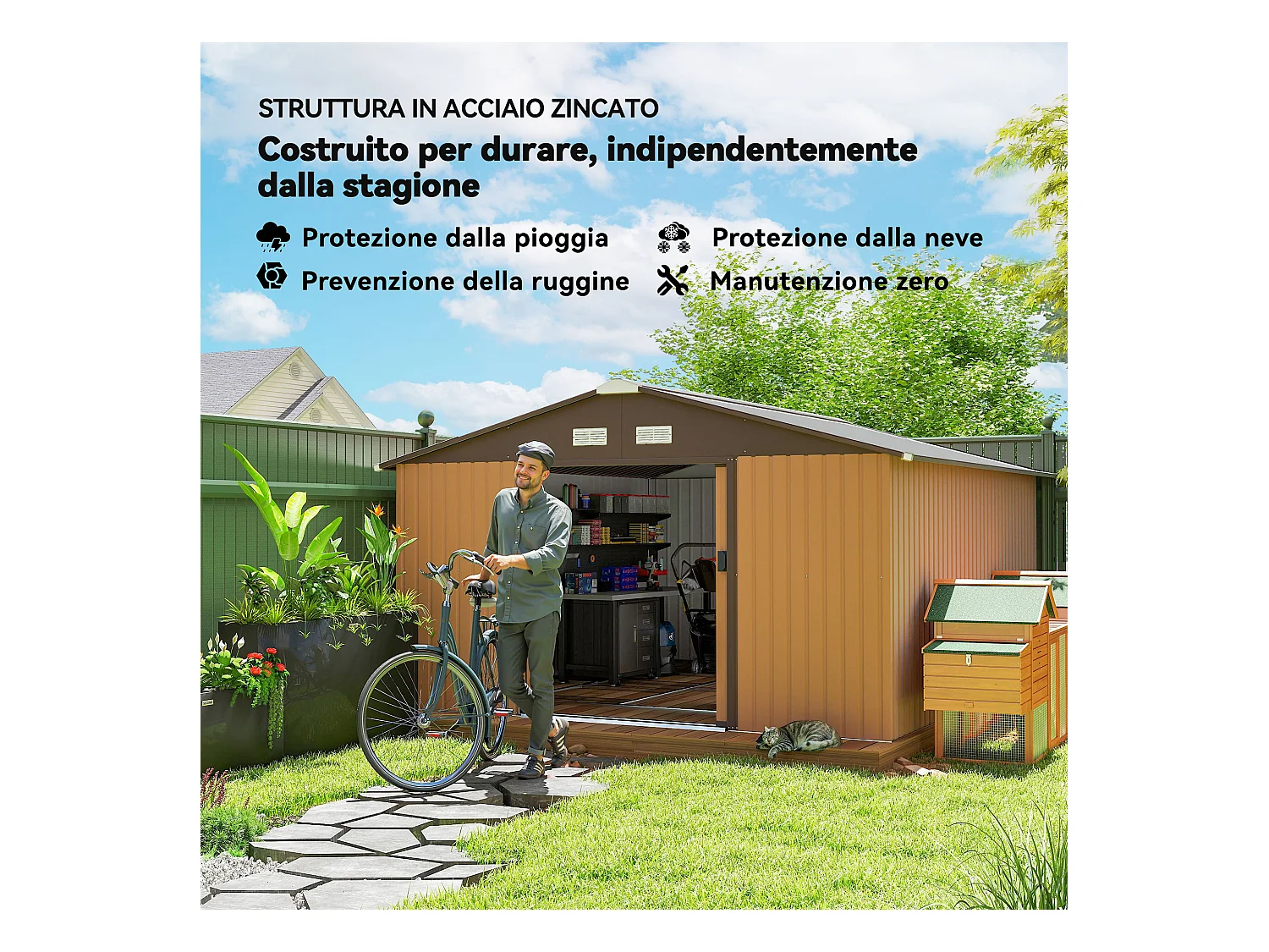 Casetta da giardino 340x386x200cm 2 porte 4 prese d'aria