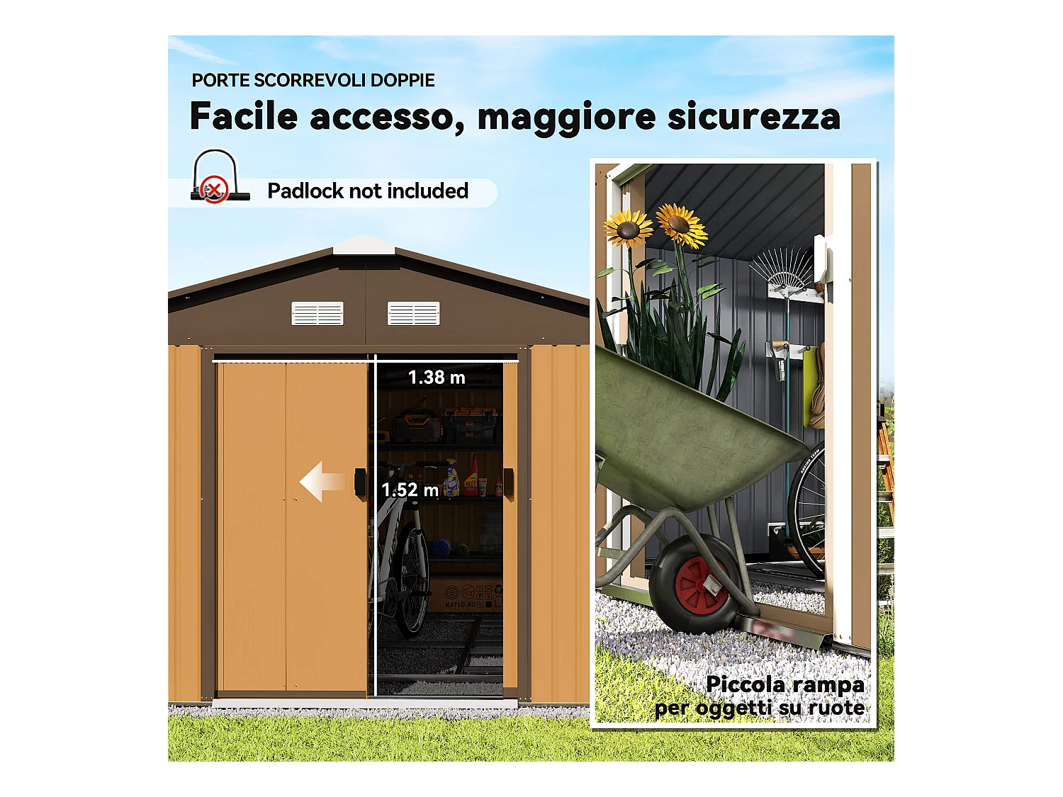 Casetta da giardino 340x386x200cm 2 porte 4 prese d'aria