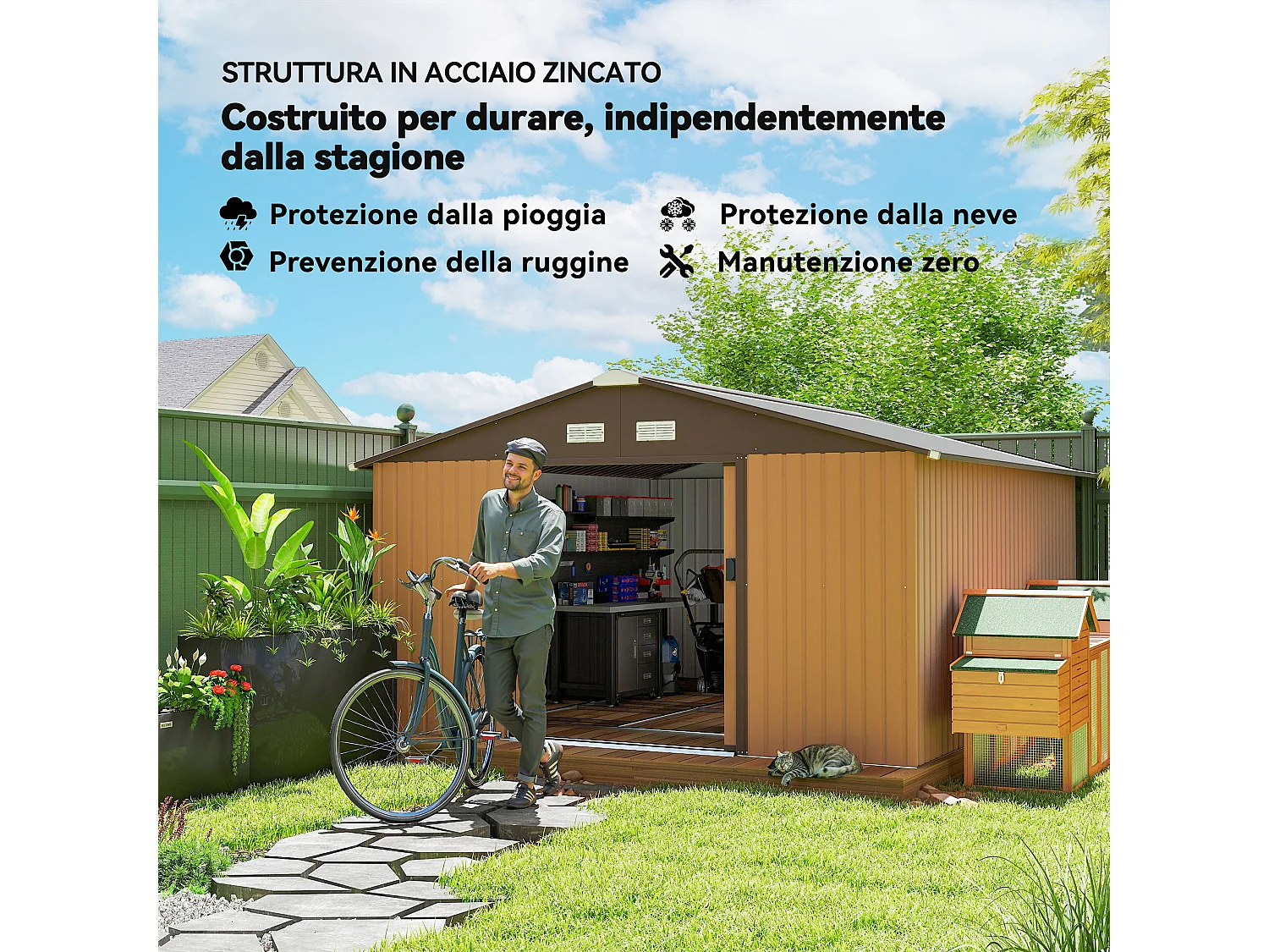 Casetta da giardino 340x386x200cm 2 porte 4 prese d'aria