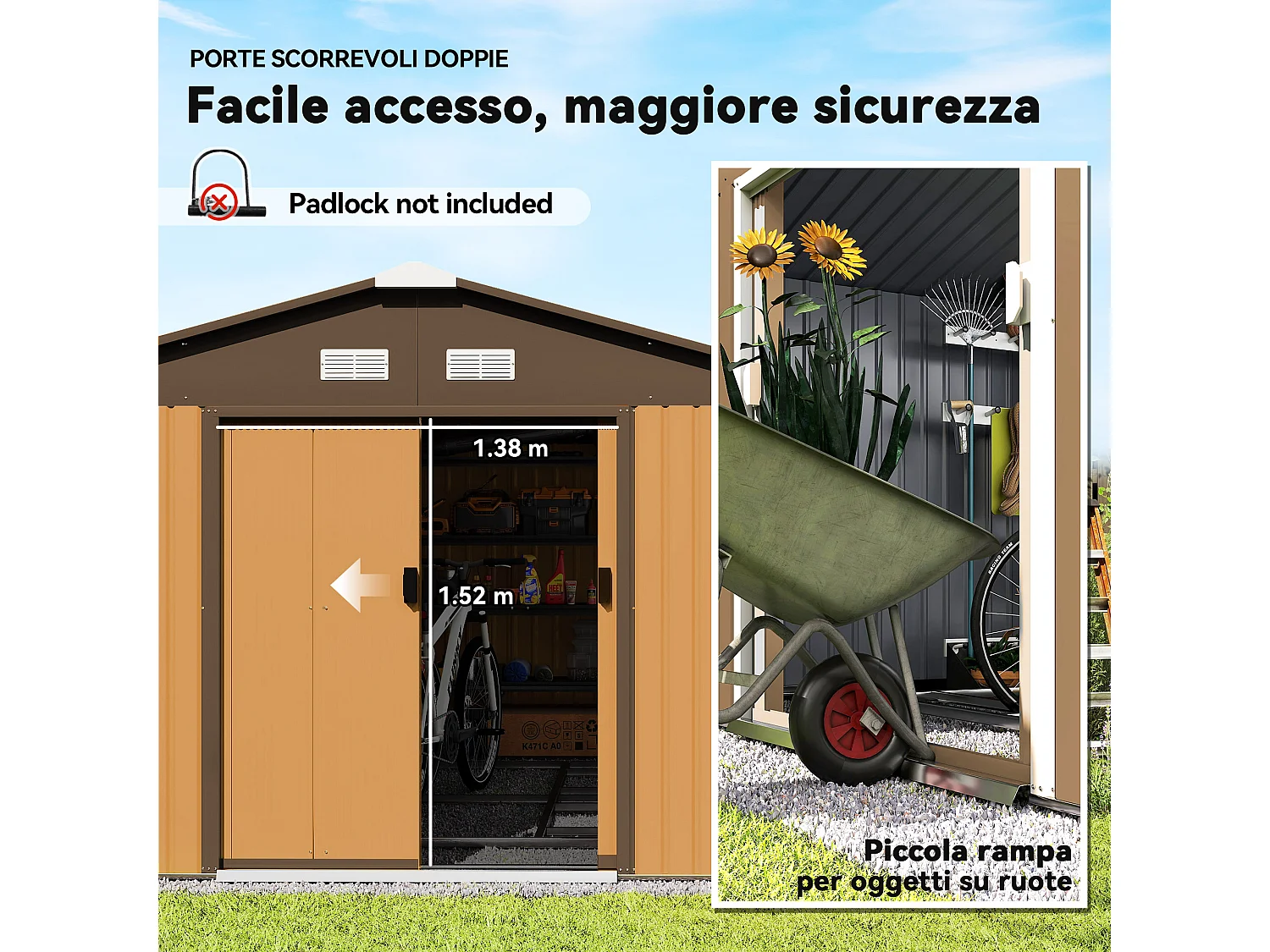 Casetta da giardino 340x386x200cm 2 porte 4 prese d'aria