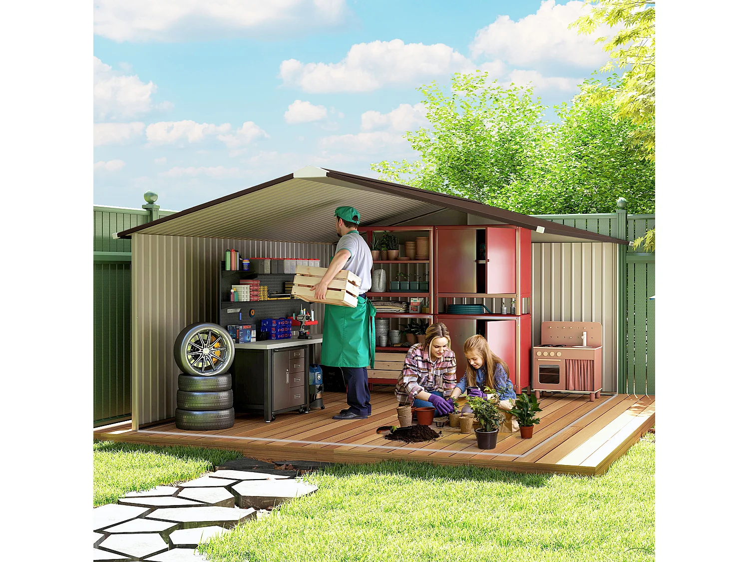 Casetta da giardino 340x386x200cm 2 porte 4 prese d'aria