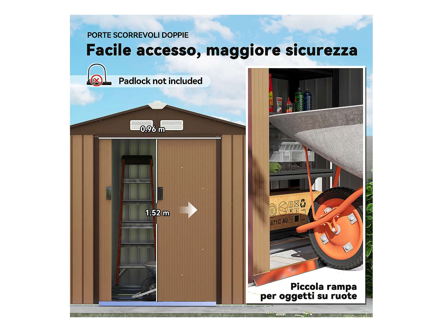 Casetta da giardino in lamiera porte scorrevoli 213x130x185cm