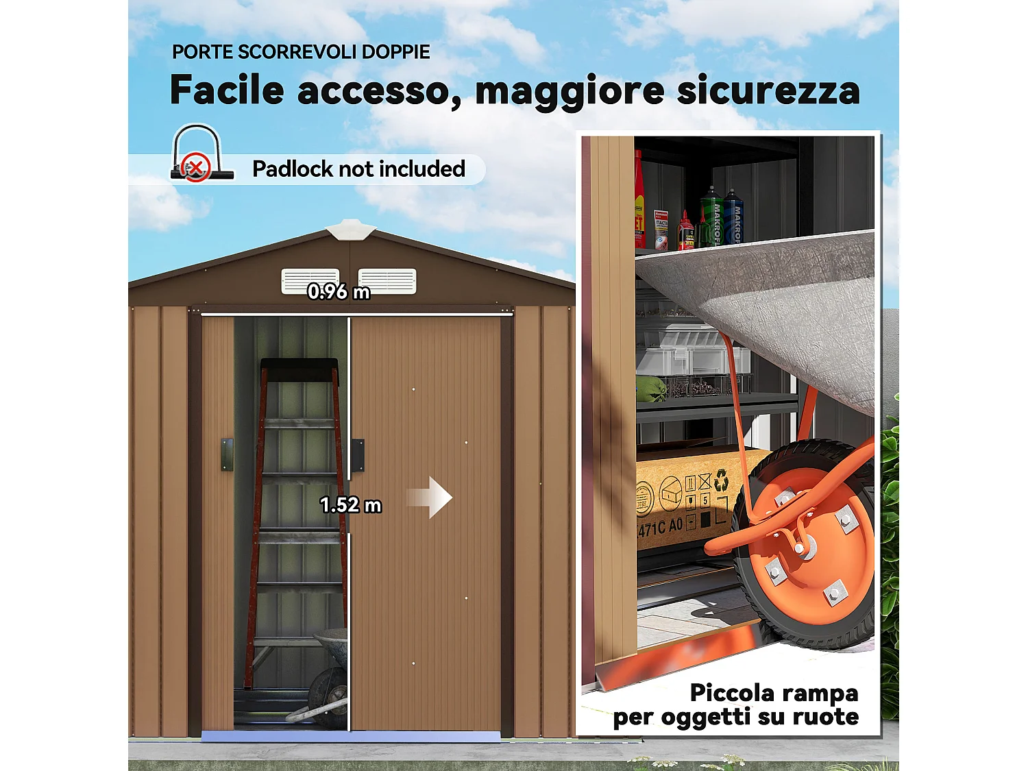 Casetta da giardino in lamiera porte scorrevoli 213x130x185cm