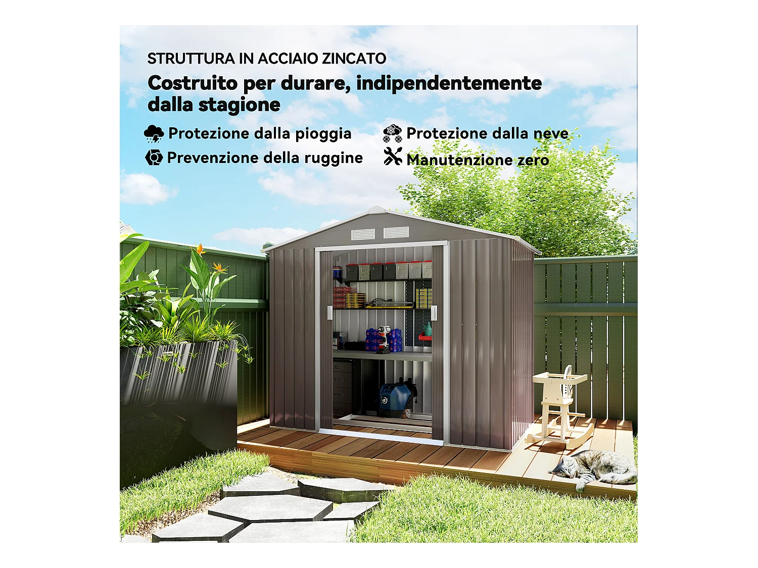 Casetta da giardino in lamiera porte scorrevoli 213x130x185 cm