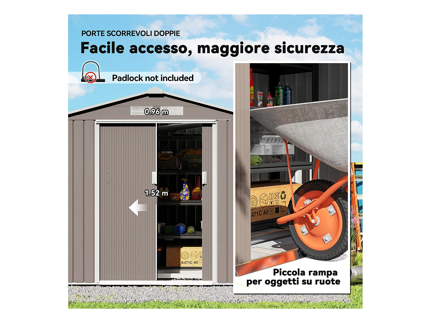 Casetta da giardino in lamiera porte scorrevoli 213x130x185 cm