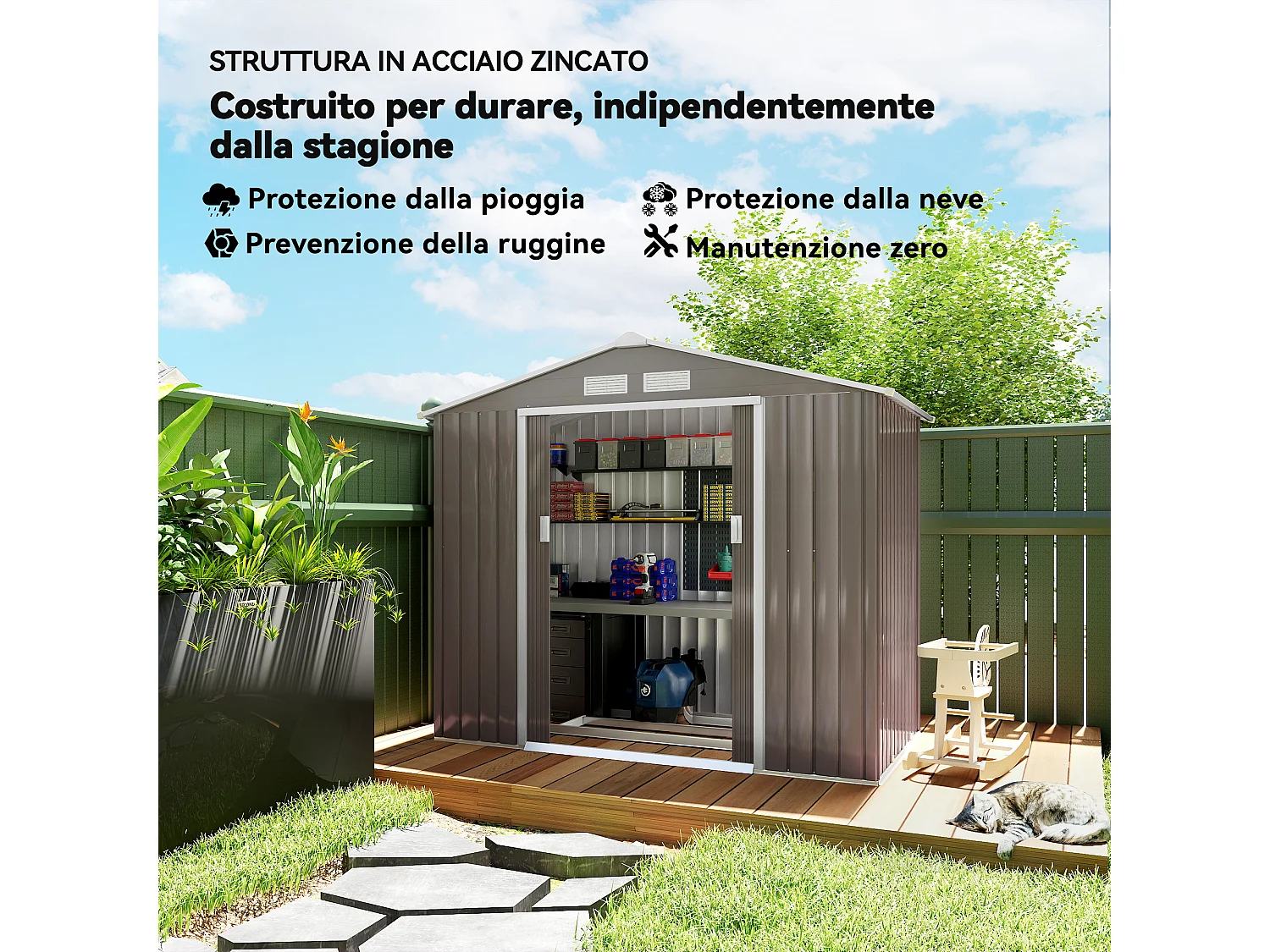 Casetta da giardino in lamiera porte scorrevoli 213x130x185 cm