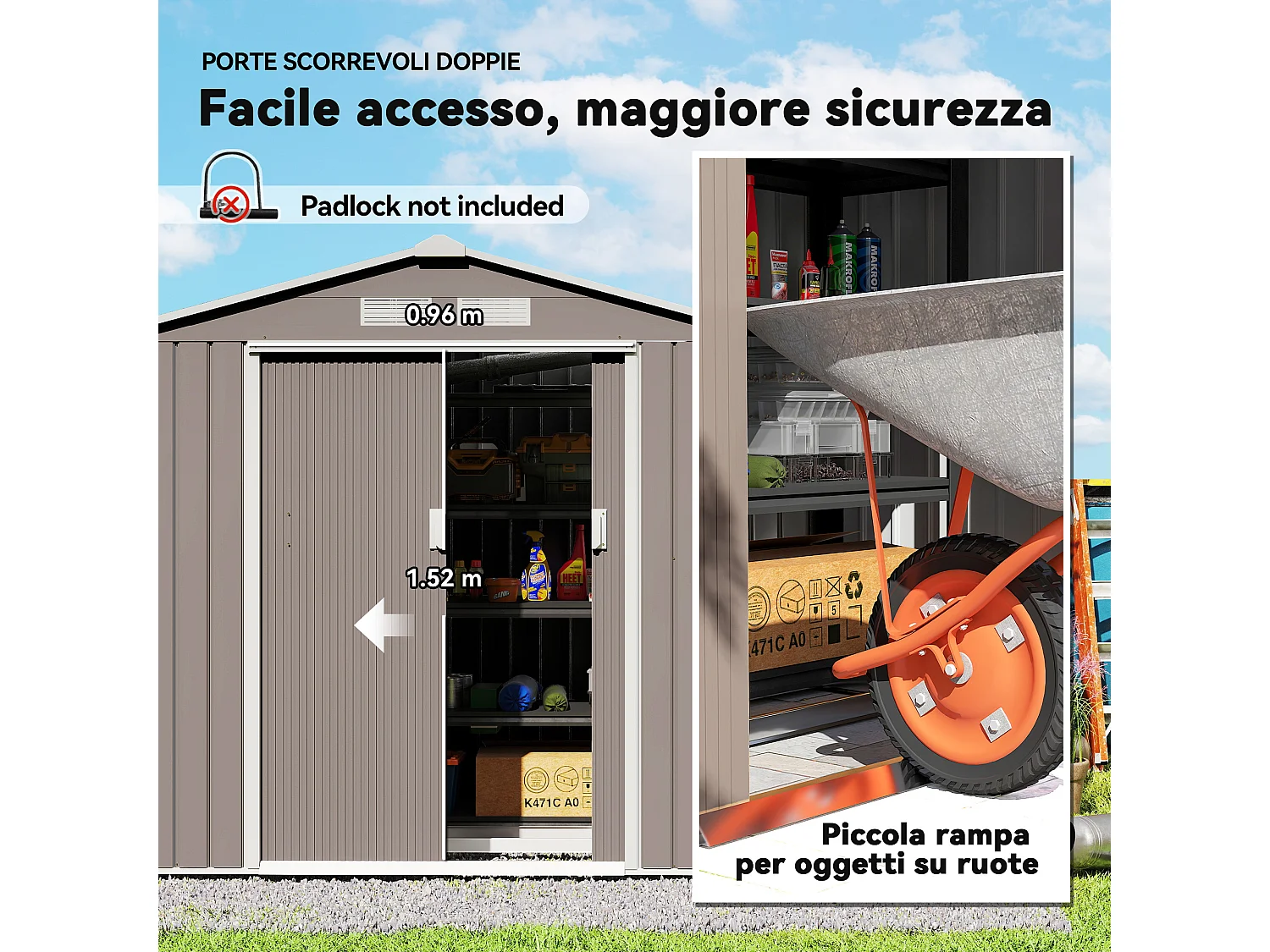 Casetta da giardino in lamiera porte scorrevoli 213x130x185 cm