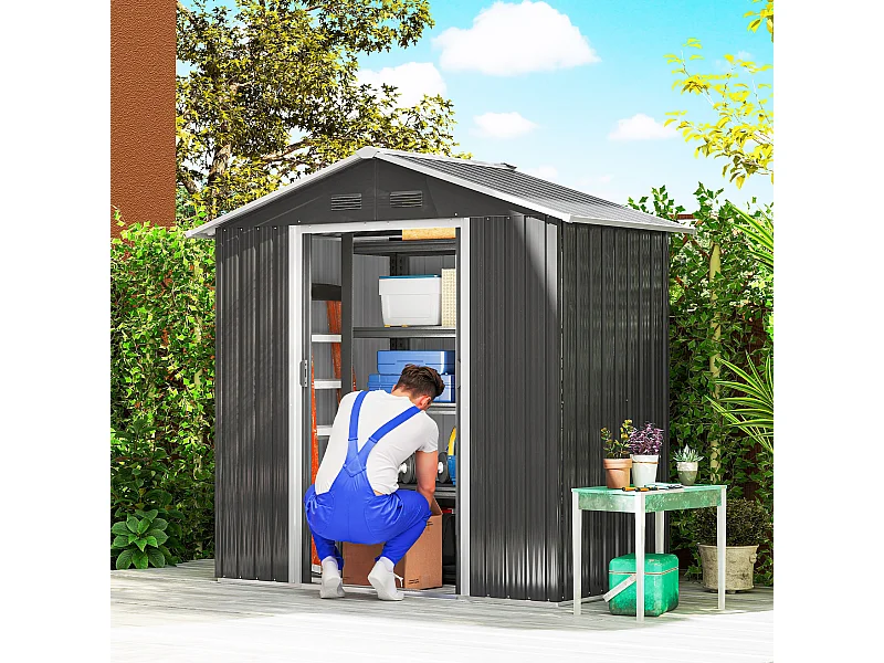 Casetta da giardino con doppia porta scorrevole e prese d'aria grigio