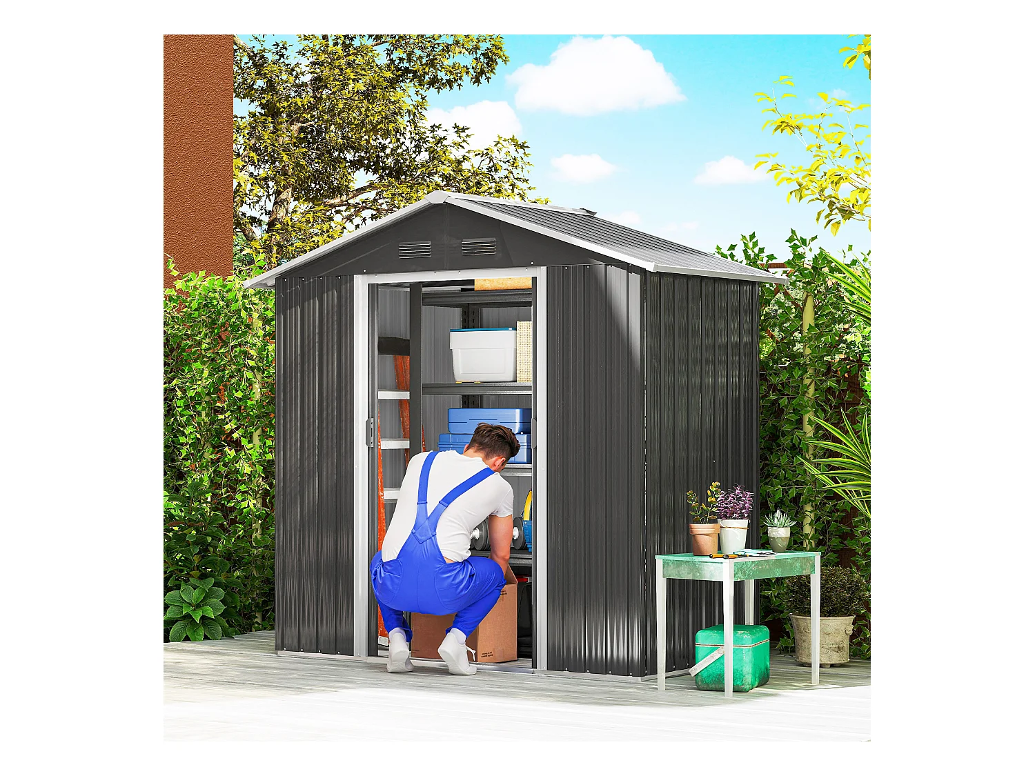 Casetta da giardino con doppia porta scorrevole e prese d'aria grigio