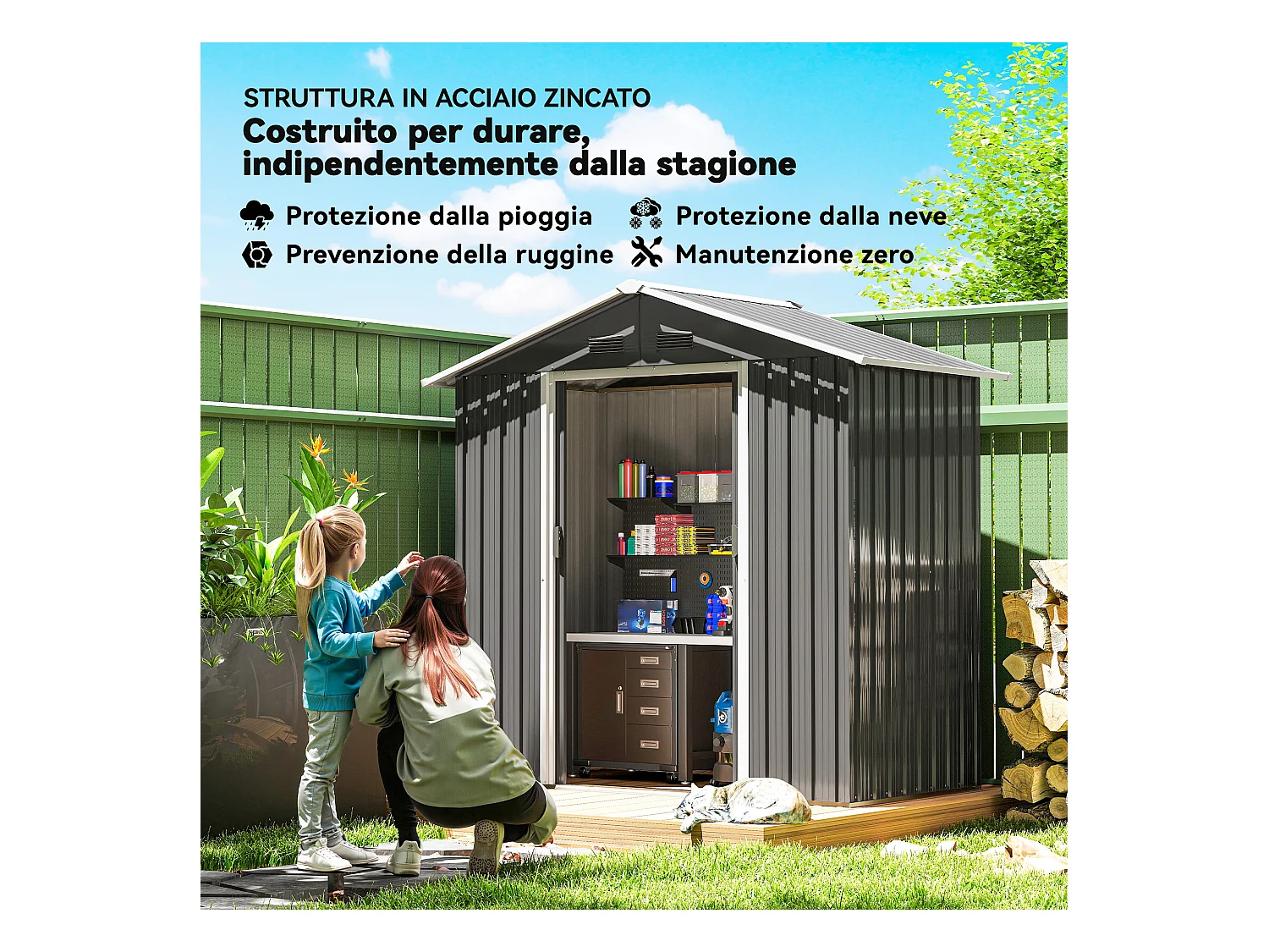 Casetta da giardino con doppia porta scorrevole e prese d'aria grigio