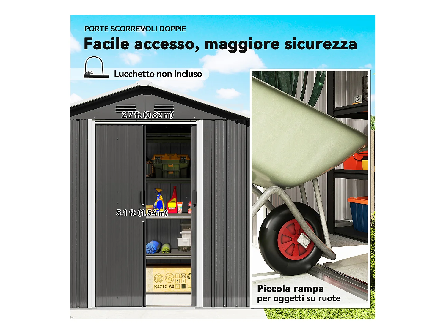 Casetta da giardino con doppia porta scorrevole e prese d'aria grigio