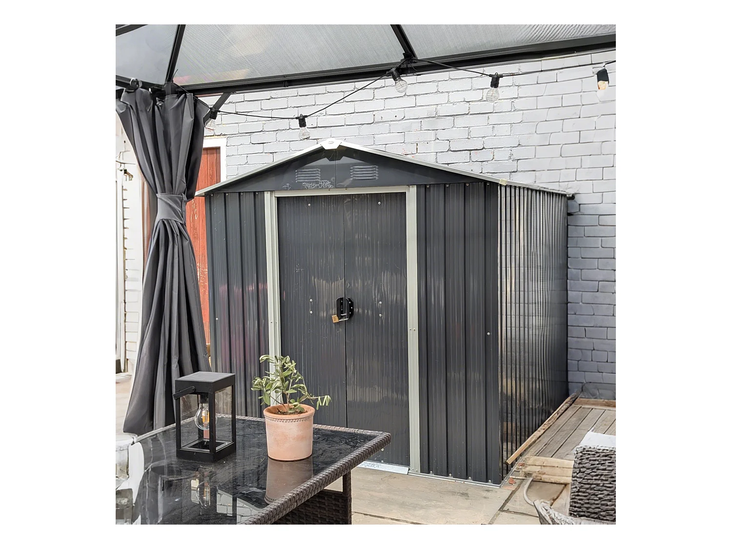 Casetta da giardino con doppia porta scorrevole e prese d'aria grigio