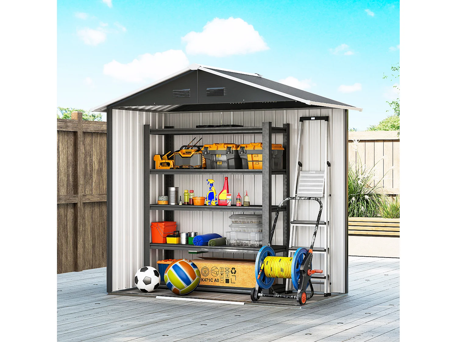 Casetta da giardino con doppia porta scorrevole e prese d'aria grigio