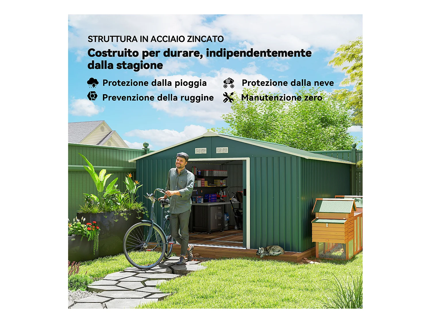 Casetta da giardino 340x386x200cm 2 porte 4 prese d'aria