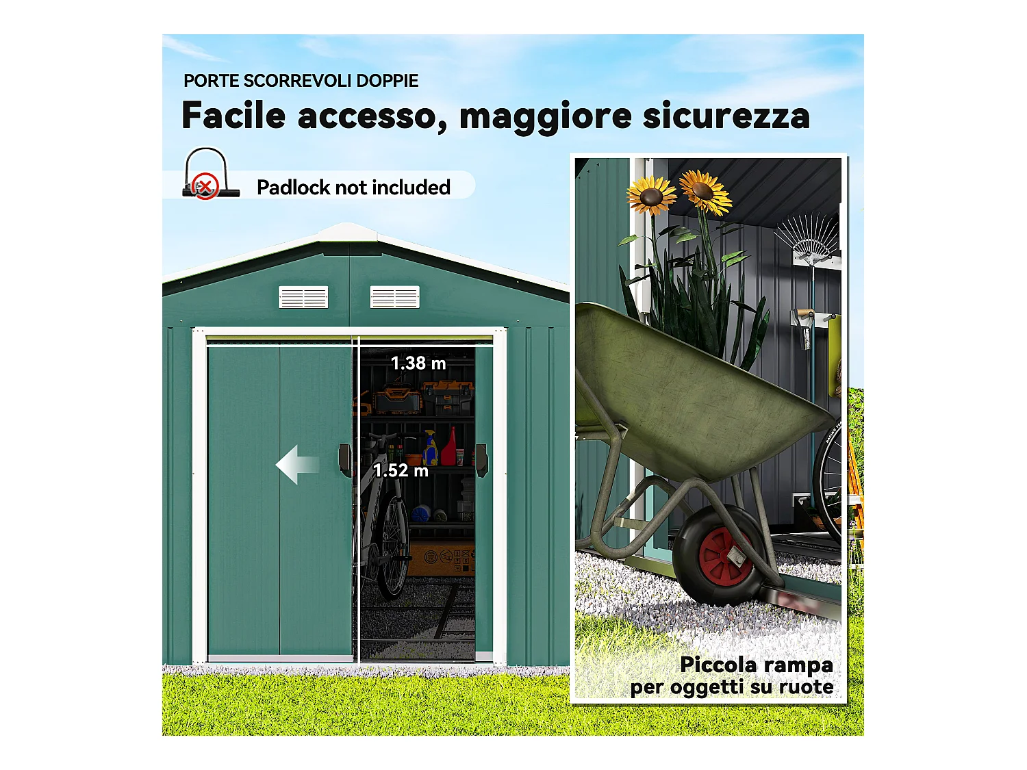 Casetta da giardino 340x386x200cm 2 porte 4 prese d'aria