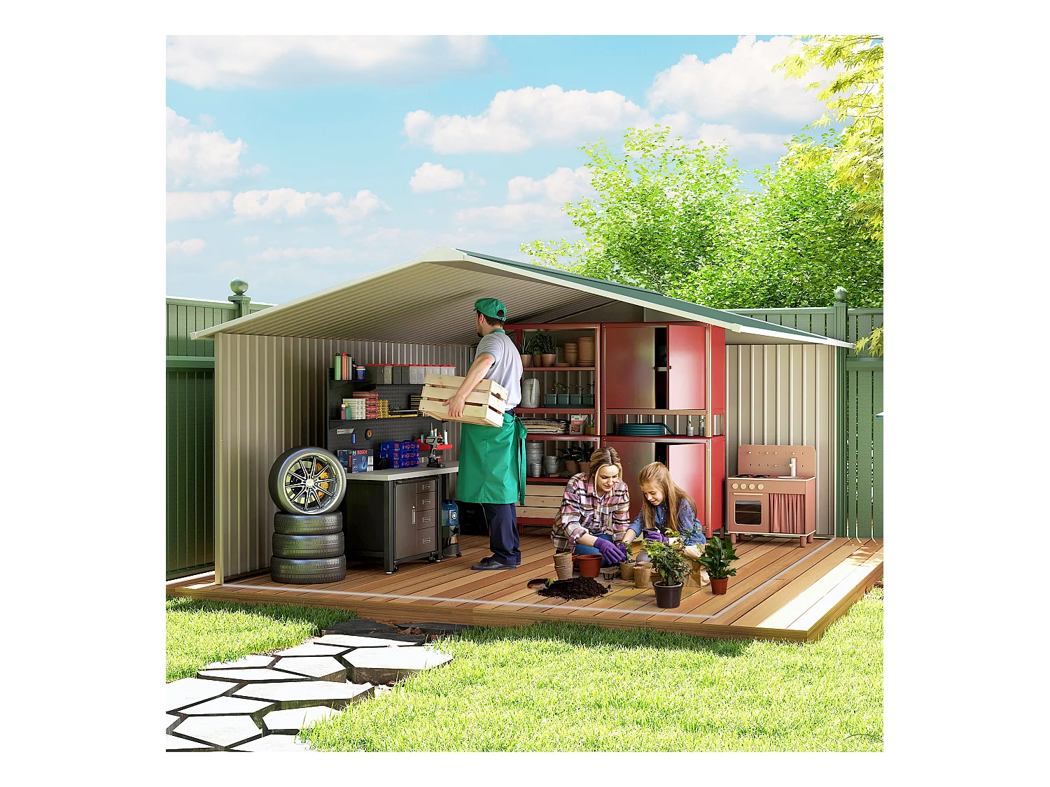 Casetta da giardino 340x386x200cm 2 porte 4 prese d'aria