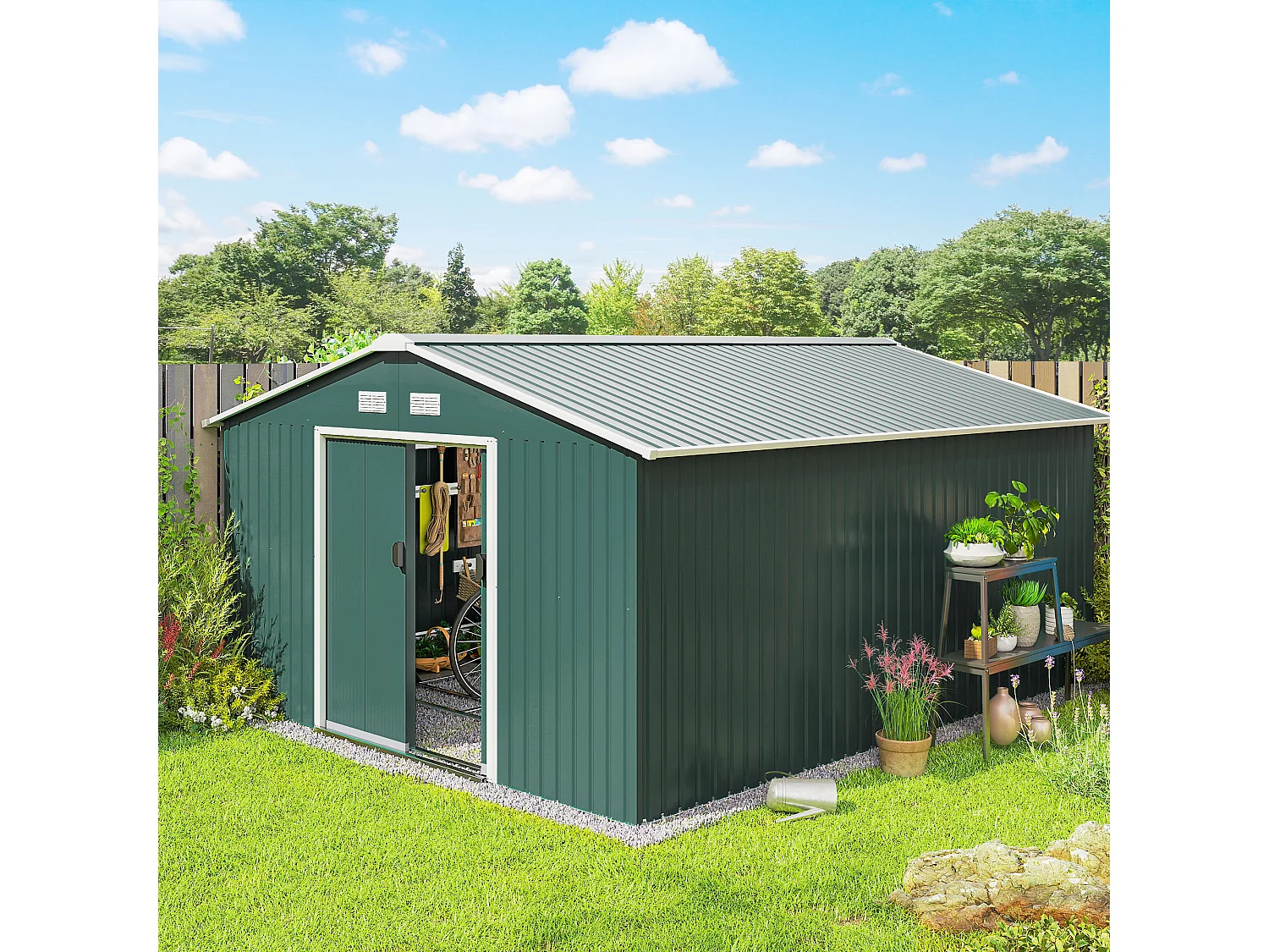 Casetta da giardino 340x386x200cm 2 porte 4 prese d'aria