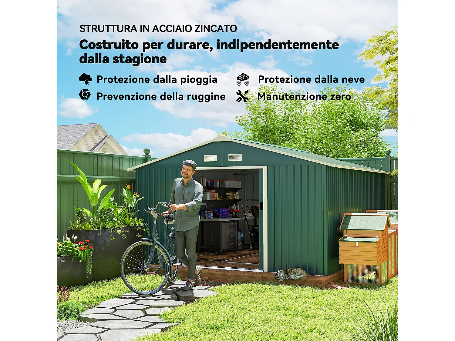 Casetta da giardino 340x386x200cm 2 porte 4 prese d'aria