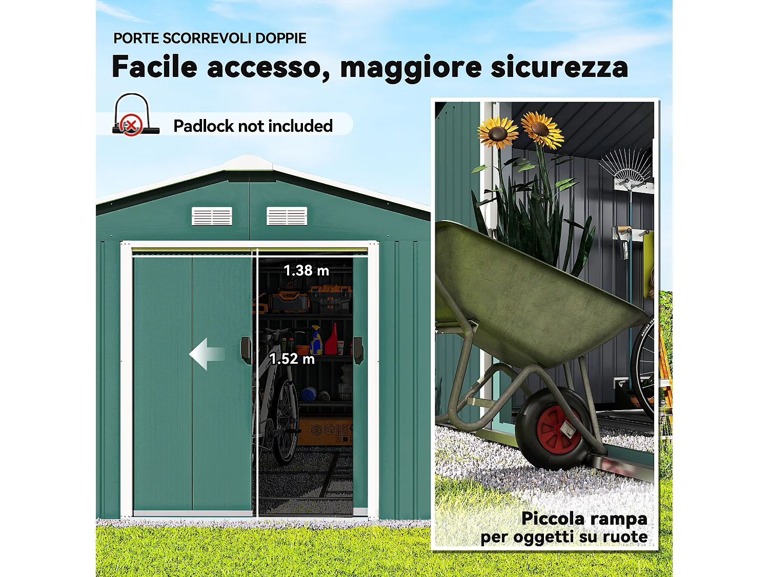 Casetta da giardino 340x386x200cm 2 porte 4 prese d'aria