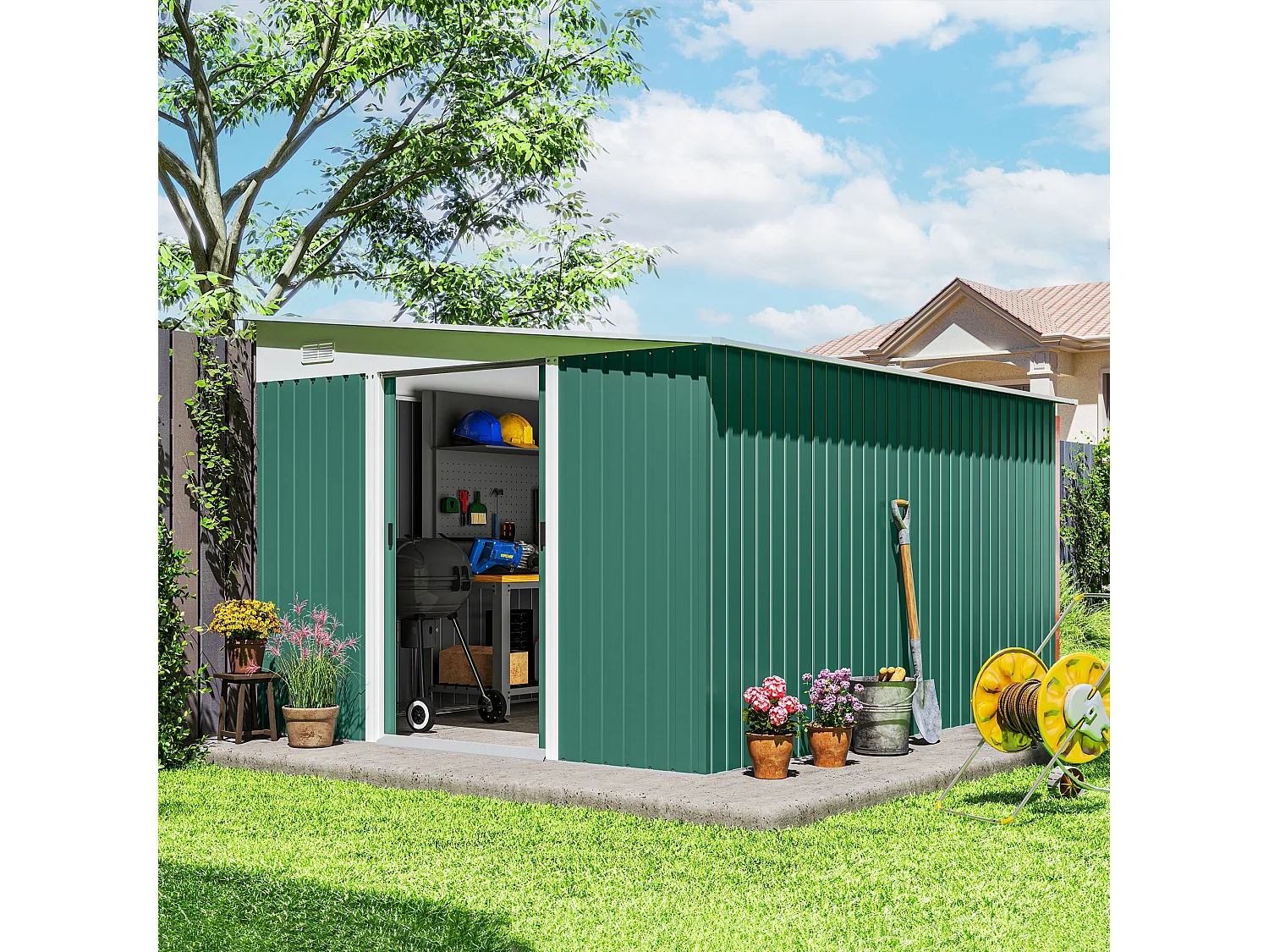 Casetta da giardino con porta scorrevole in acciaio verde