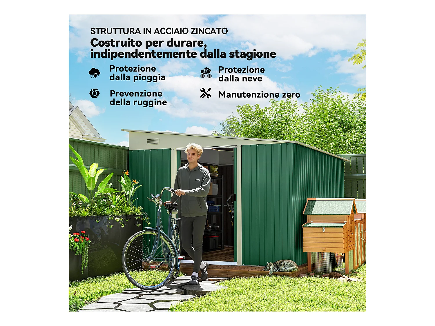 Casetta da giardino con porta scorrevole in acciaio verde